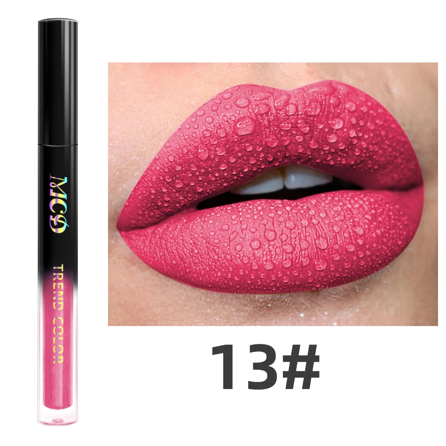 LAQTA matte velvet lip gloss tube with applicator, showcasing smooth, velvety finish and rich color in sleek packaging.