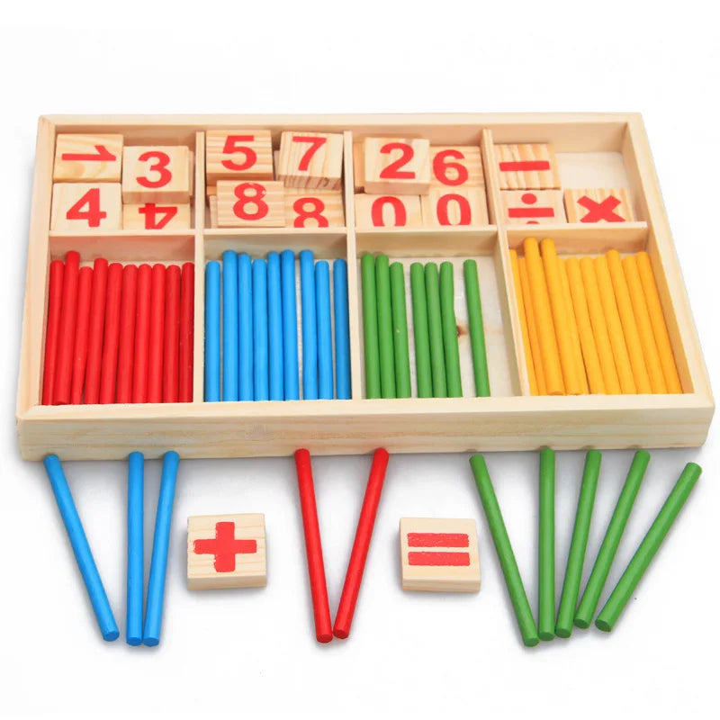 Colorful Montessori educational wooden toys by LAQTA, featuring natural wood blocks and shapes for early learning and play.