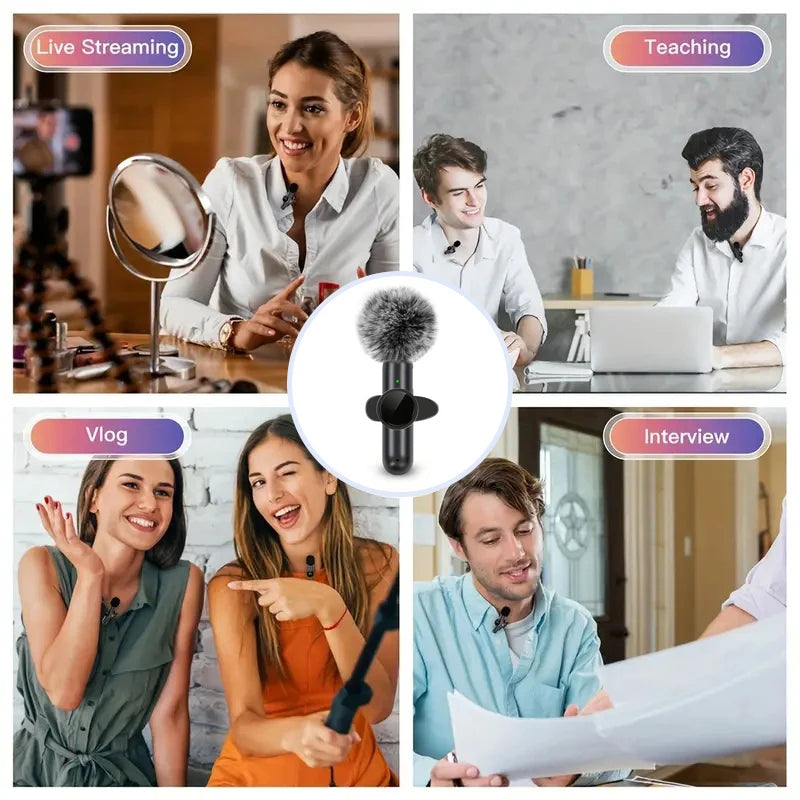 Wireless lavalier microphone by LAQTA, showcasing the compact microphone clipped onto a clothing lapel.