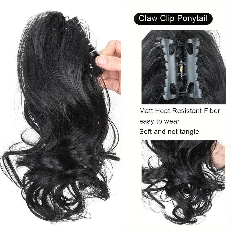 Short curly clip-in ponytail extension by LAQTA with natural curls and secure clips for easy attachment and a voluminous look.