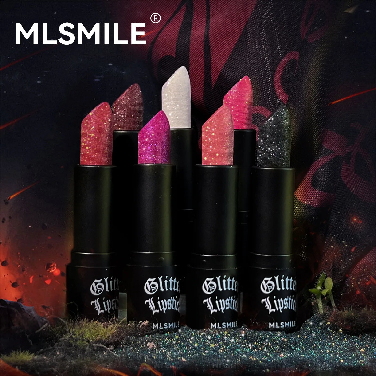 LAQTA waterproof glitter lipstick in vibrant shade, showcasing a shimmering, bold lip color with a smooth, glossy finish.