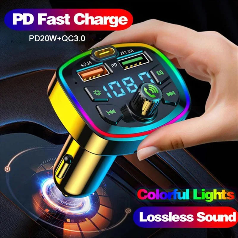 LAQTA Car Bluetooth 5.0 FM Transmitter connected to a vehicle's dashboard with digital display and control buttons.