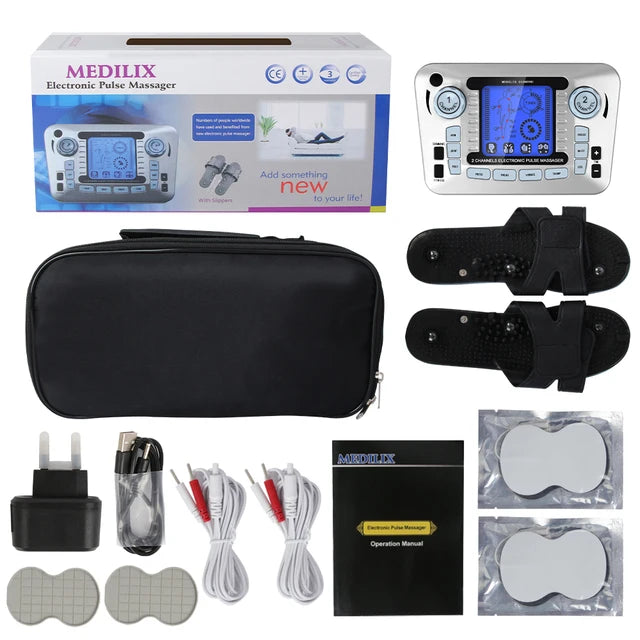 LAQTA digital electric pulse massager with 12 modes, showing compact black device with control buttons and LED display.