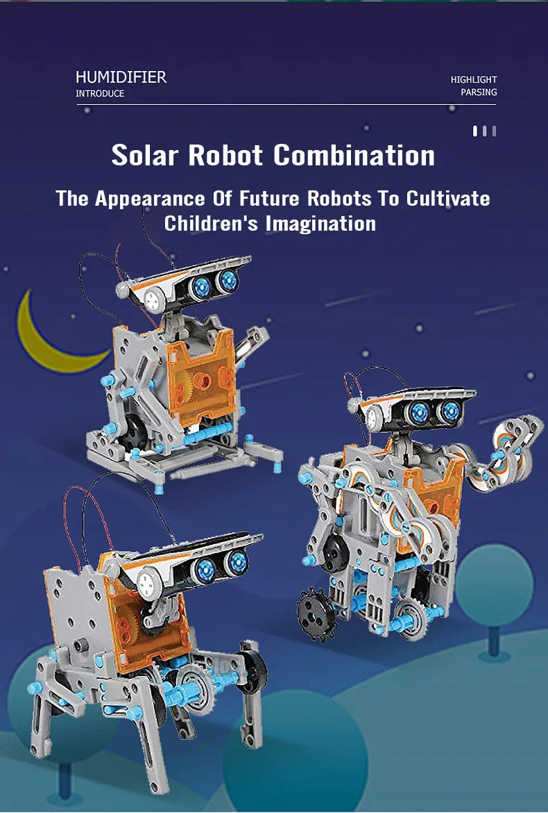 LAQTA 12-in-1 science experiment solar robot toy showing multiple assembled solar-powered robots on a white background.