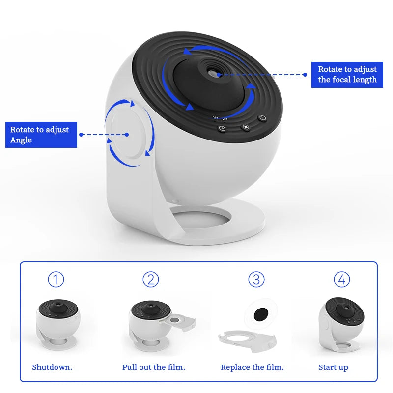LAQTA Starry Sky Projector with 360° rotation displaying starry night sky patterns in a dark room.