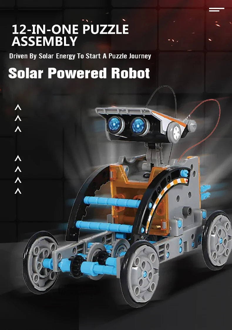 LAQTA 12-in-1 science experiment solar robot toy showing assembled solar-powered robot with multiple modes and colorful components.