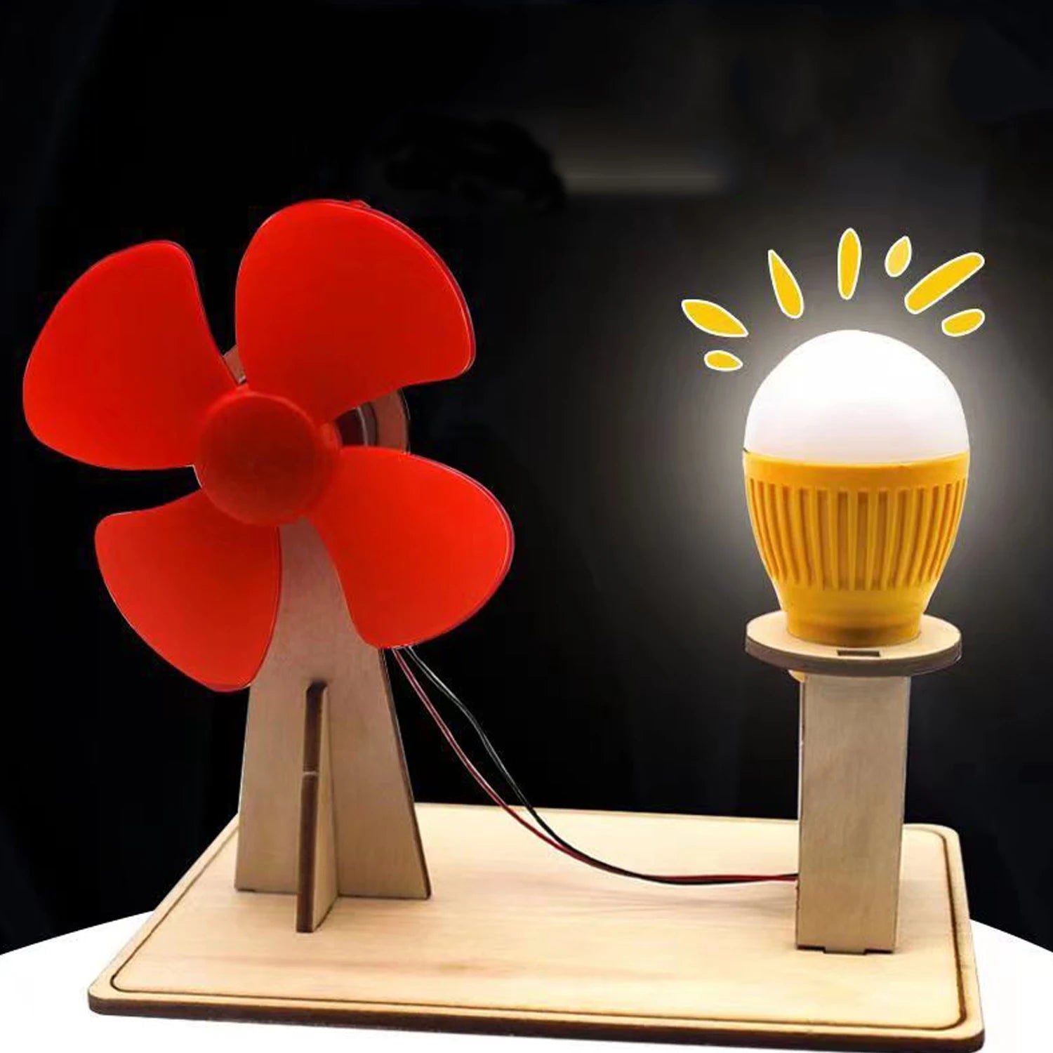 LAQTA Wooden Wind Generator Model showing detailed miniature wind turbine with wooden blades and base on a neutral background.