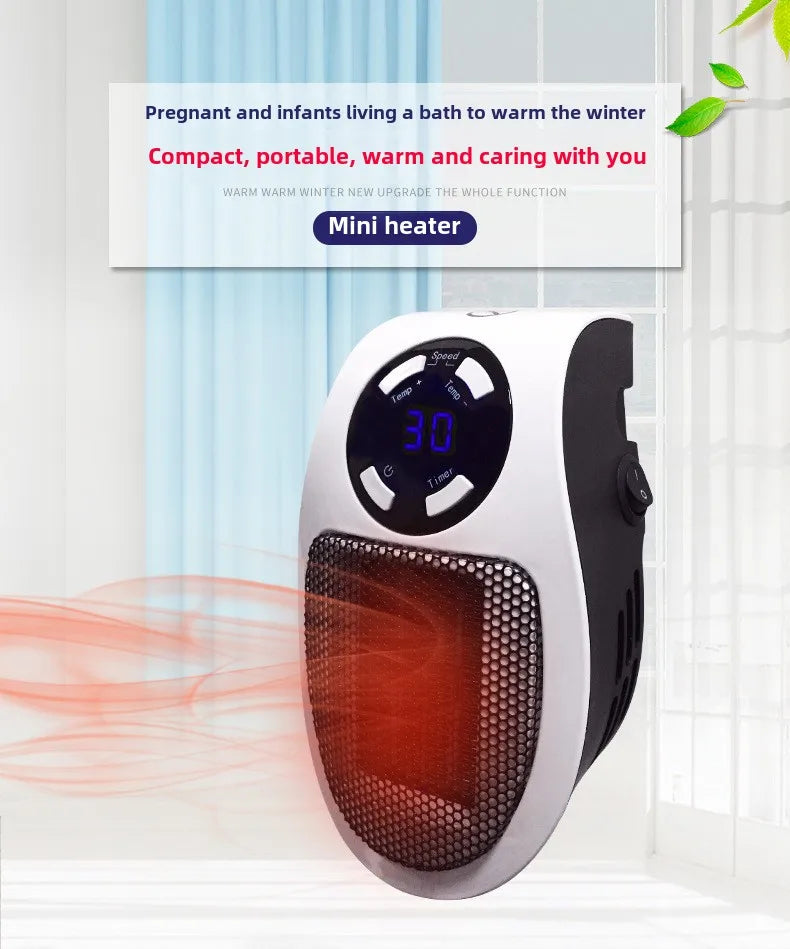 LAQTA Eco plug-in electric heater shown with compact design and control panel for energy-efficient home heating.