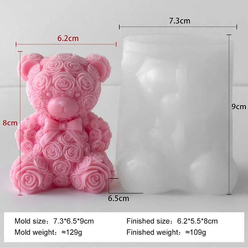 Silicone candle mold for creating love rose bear figures, designed by LAQTA, shown in a close-up with detailed mold surface.