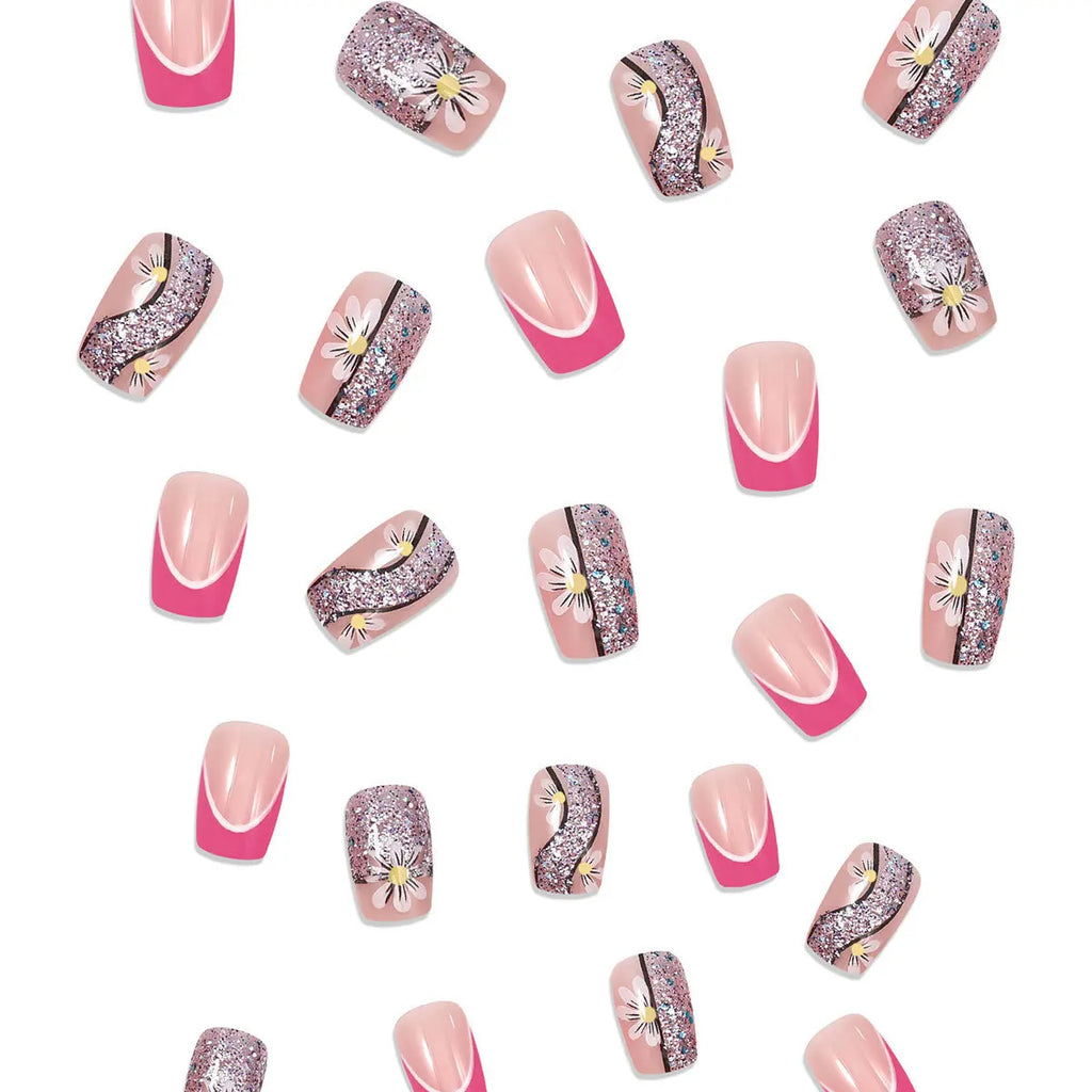 Set of 24 short square-shaped nails by LAQTA, displaying neatly arranged false nail tips in a clear container.