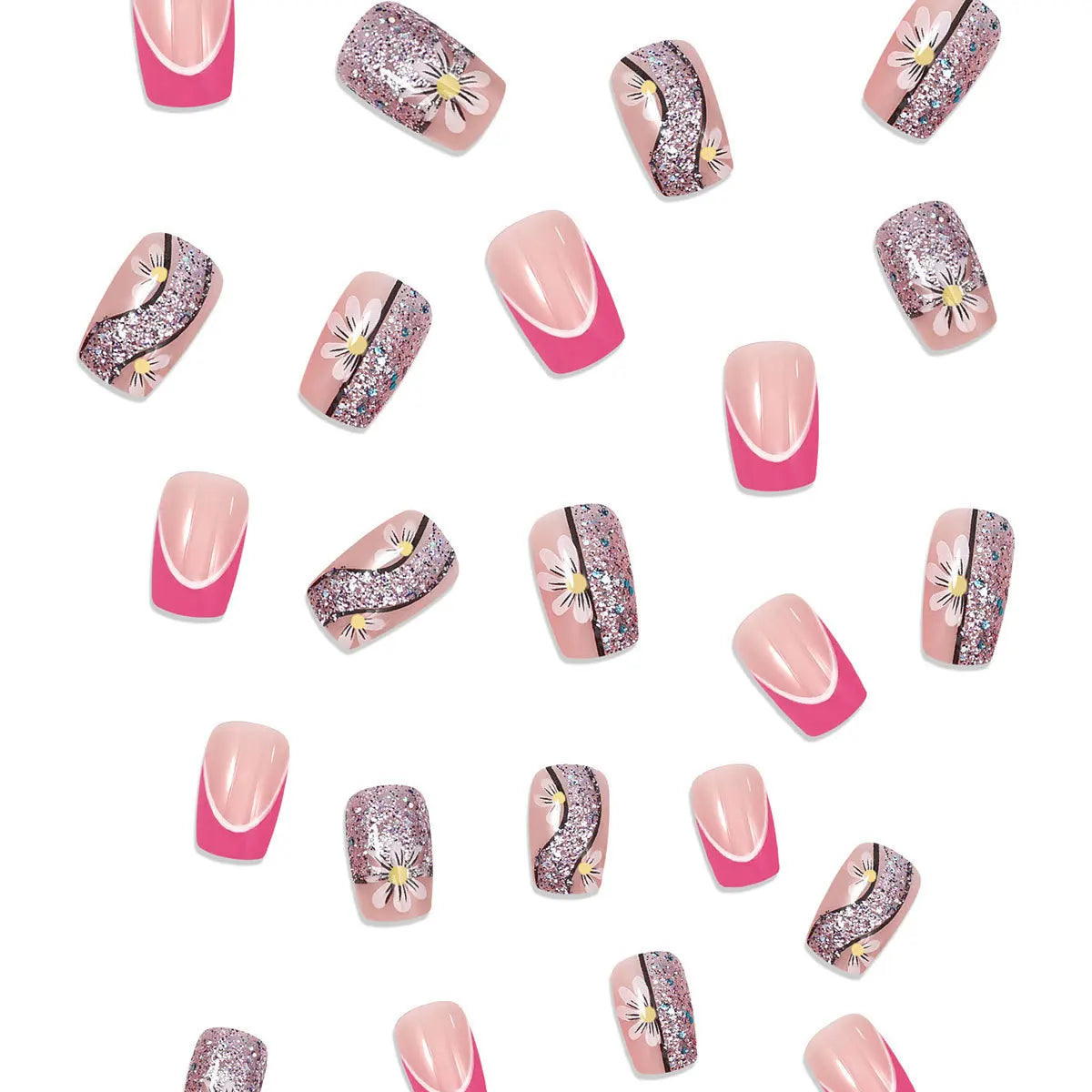 Set of 24 short square-shaped nails by LAQTA, displaying neatly arranged false nail tips in a clear container.