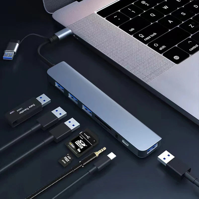 LAQTA 8-inch USB and Type C hub docking station with multiple ports for data transfer and device connectivity.