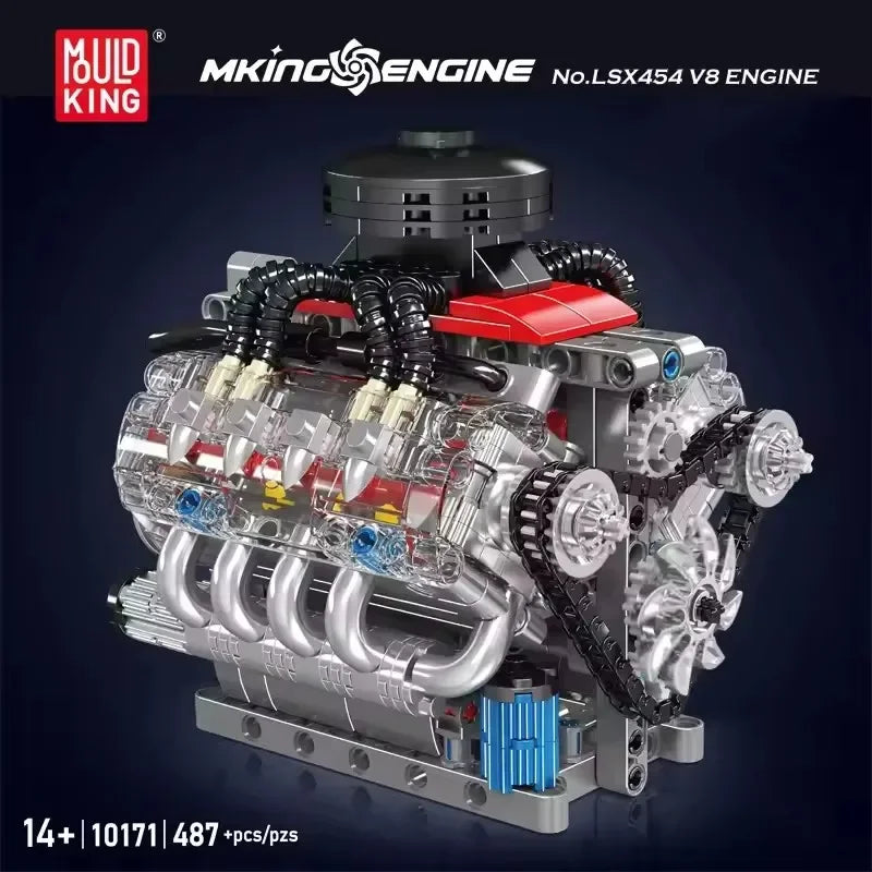 LAQTA V8 engine model showing detailed metallic engine block with visible cylinders and components.