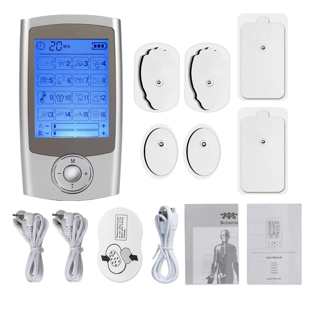 LAQTA Electric Tens Relax Muscle device with 16 modes, showing a close-up of the handheld unit and electrode pads.
