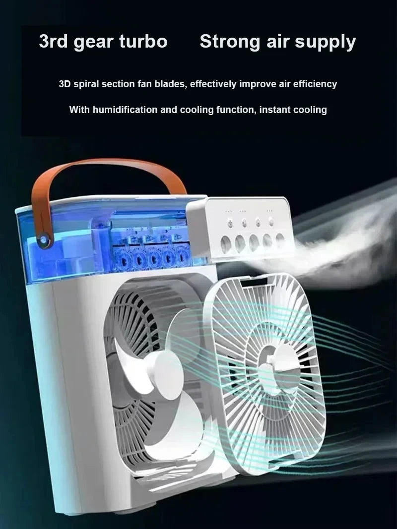 LAQTA 3-in-1 fan air conditioner showing compact design with adjustable fan blades and control panel for versatile cooling.