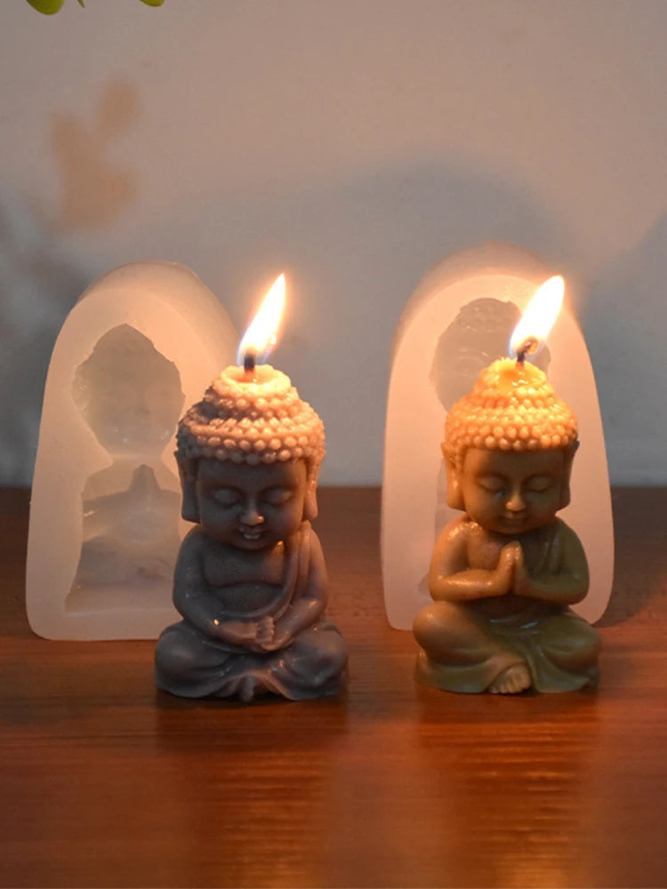 Silicone mold for Little Buddha candles by LAQTA, showing detailed Buddha figure with intricate features in flexible silicone material.