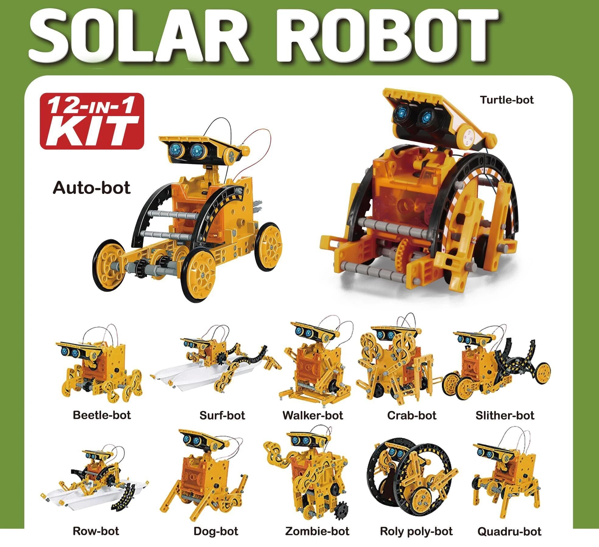 LAQTA 12-in-1 science experiment solar robot toy showing assembled robot with solar panel and colorful components for DIY science fun.