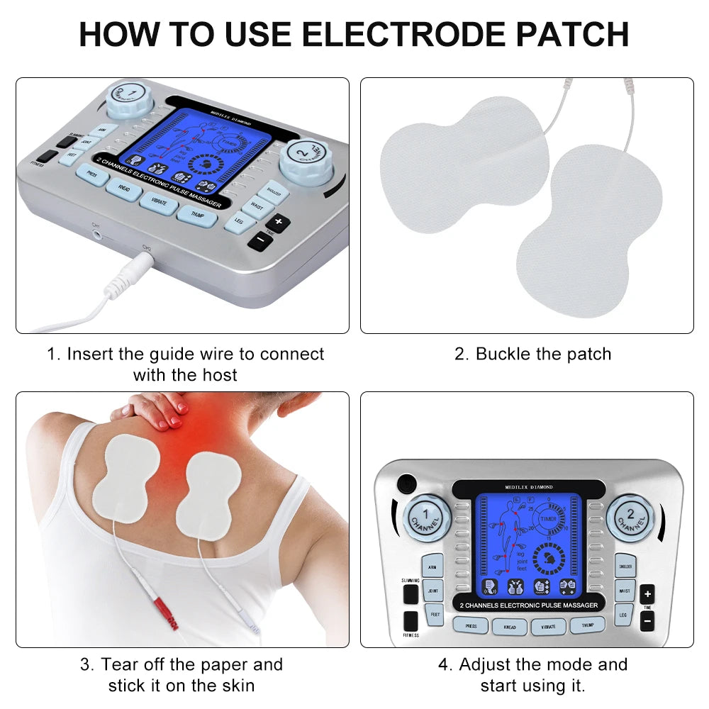 LAQTA digital electric pulse massager with 12 modes, showing control panel and attachments for muscle relief and therapy.