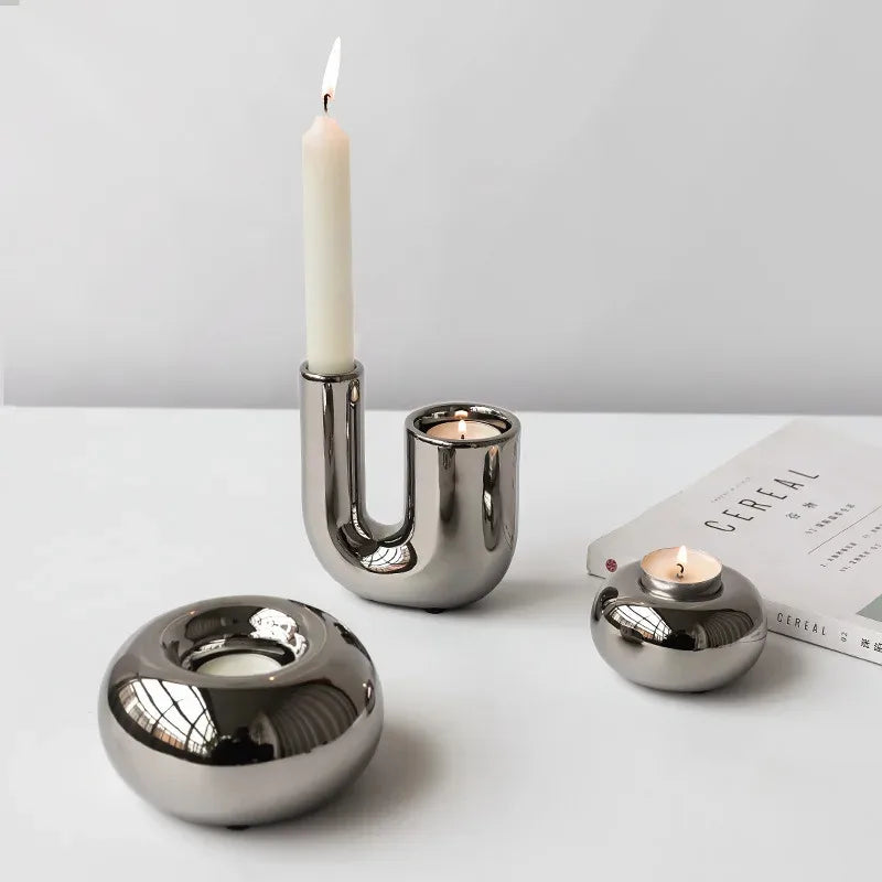 Luxury electroplating silver geometric ceramic candlestick by LAQTA, featuring a modern, stylish design perfect for elegant decor.