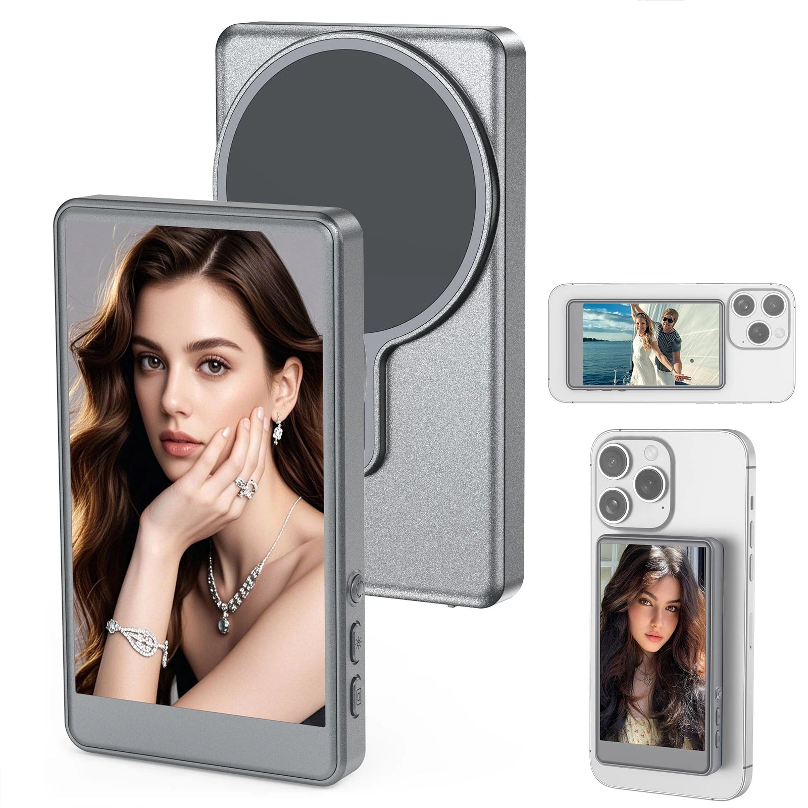 LAQTA Vlog Selfie Monitor Screen showing a compact, adjustable monitor with user holding a camera for vlogging and content creation.