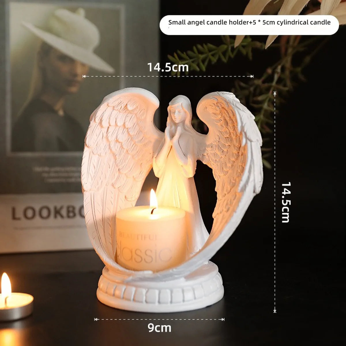 White angel candle holder by LAQTA featuring a detailed angel figure with a candle cup, perfect for decorative or spiritual displays.