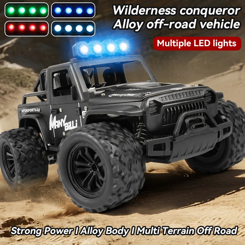 LAQTA 2.4GHz remote control Jeep with detailed exterior, rugged wheels, and realistic design for outdoor play.
