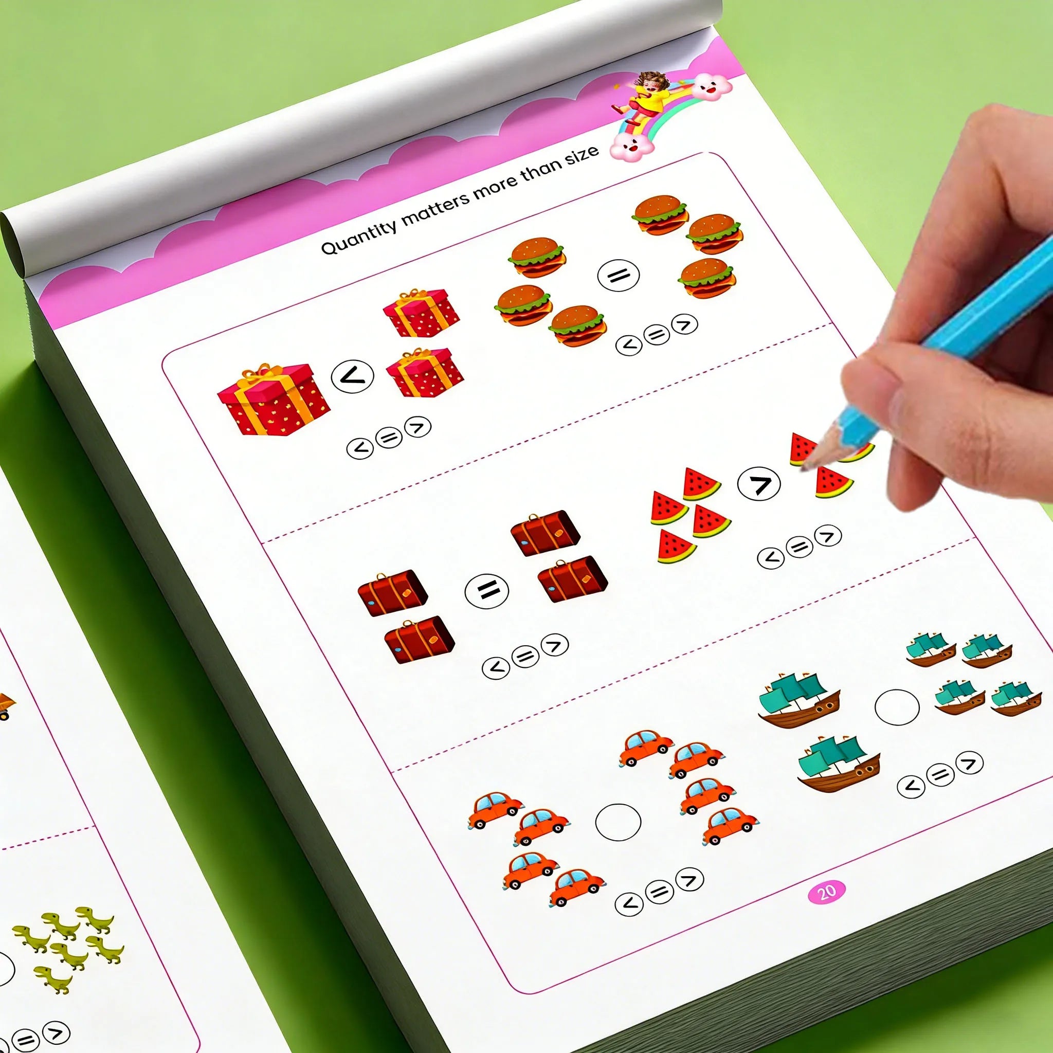 LAQTA math workbook open to colorful pages with math exercises and problems for elementary students.