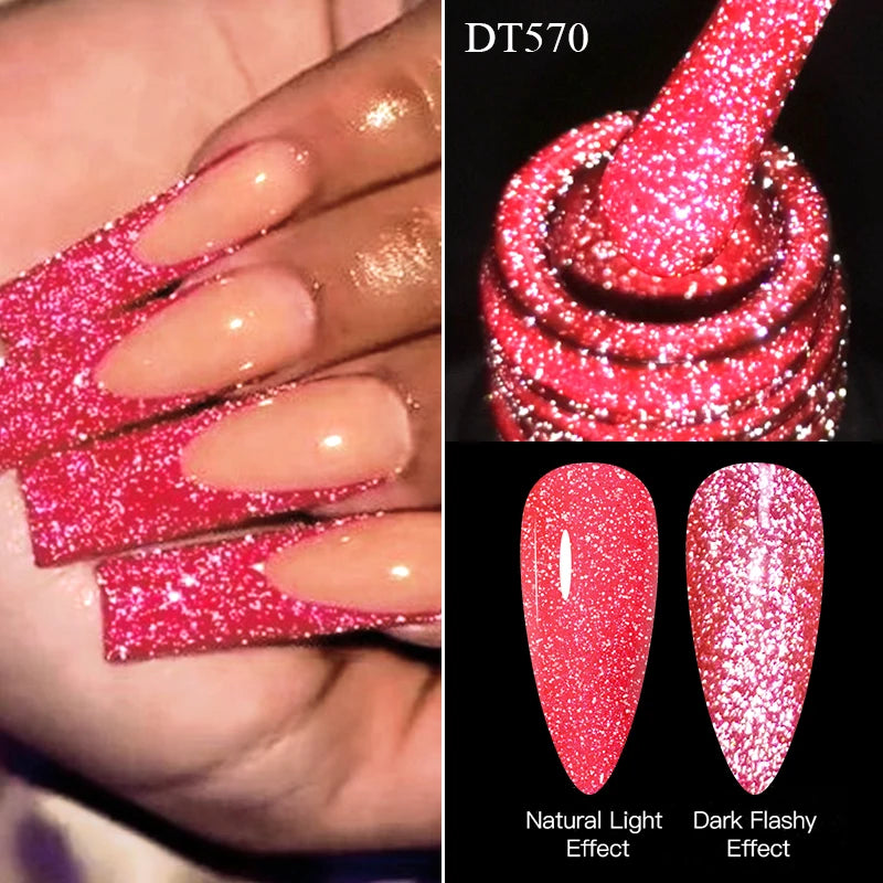 LAQTA fluorescent reflective gel nail polish applied to nails, showcasing vibrant, glowing nail art with a shiny finish.