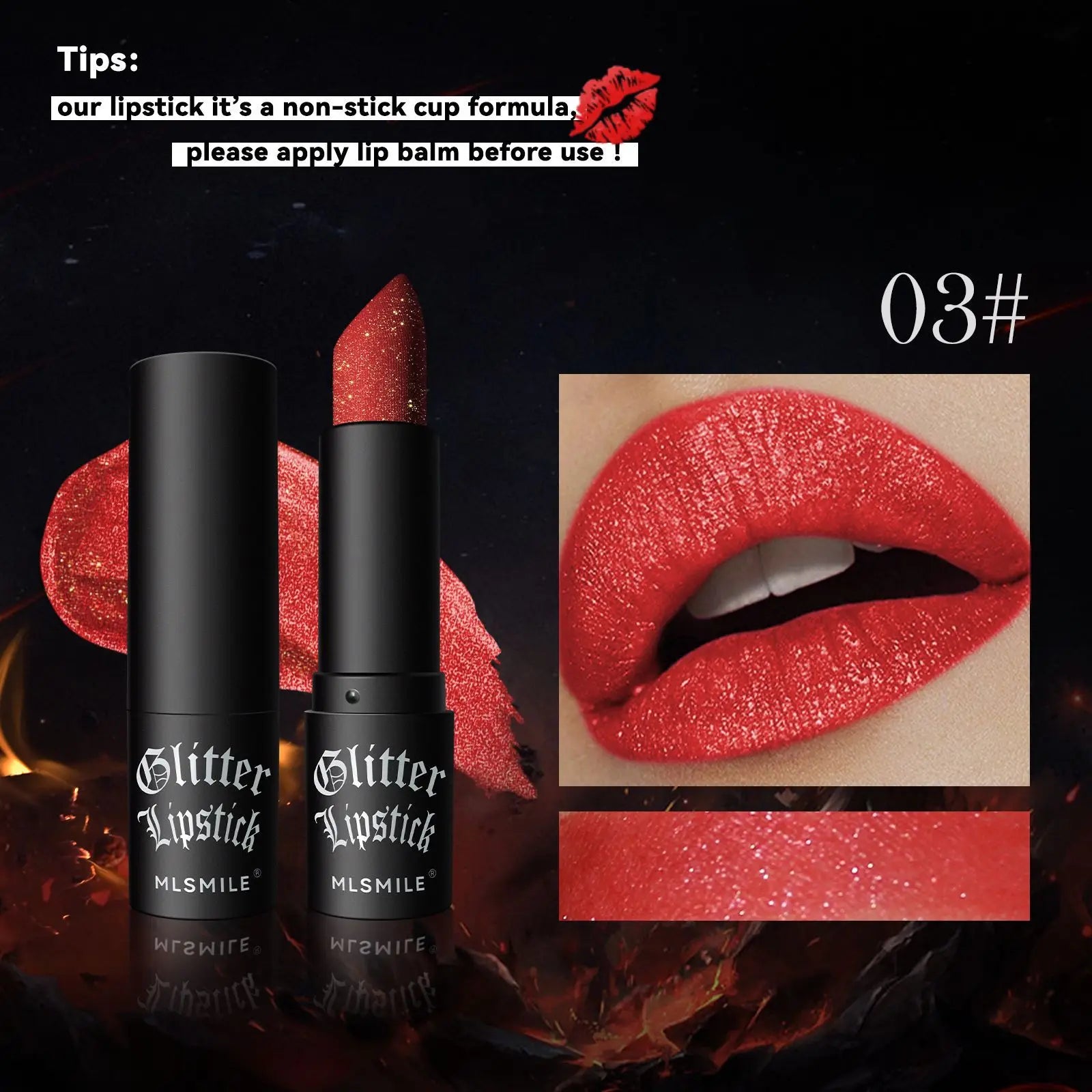 LAQTA waterproof glitter lipstick in vibrant shade, featuring a shimmering finish and sleek bullet design.