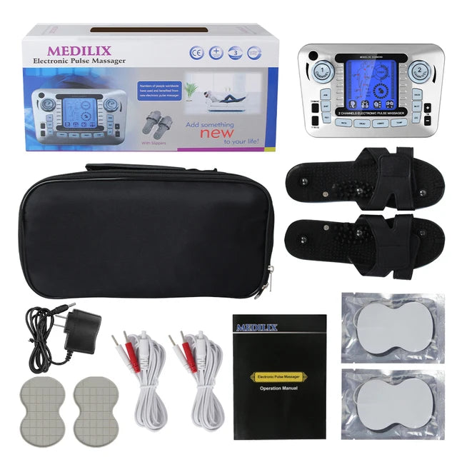 LAQTA digital electric pulse massager with 12 modes, showing a sleek handheld device with control buttons and display screen.