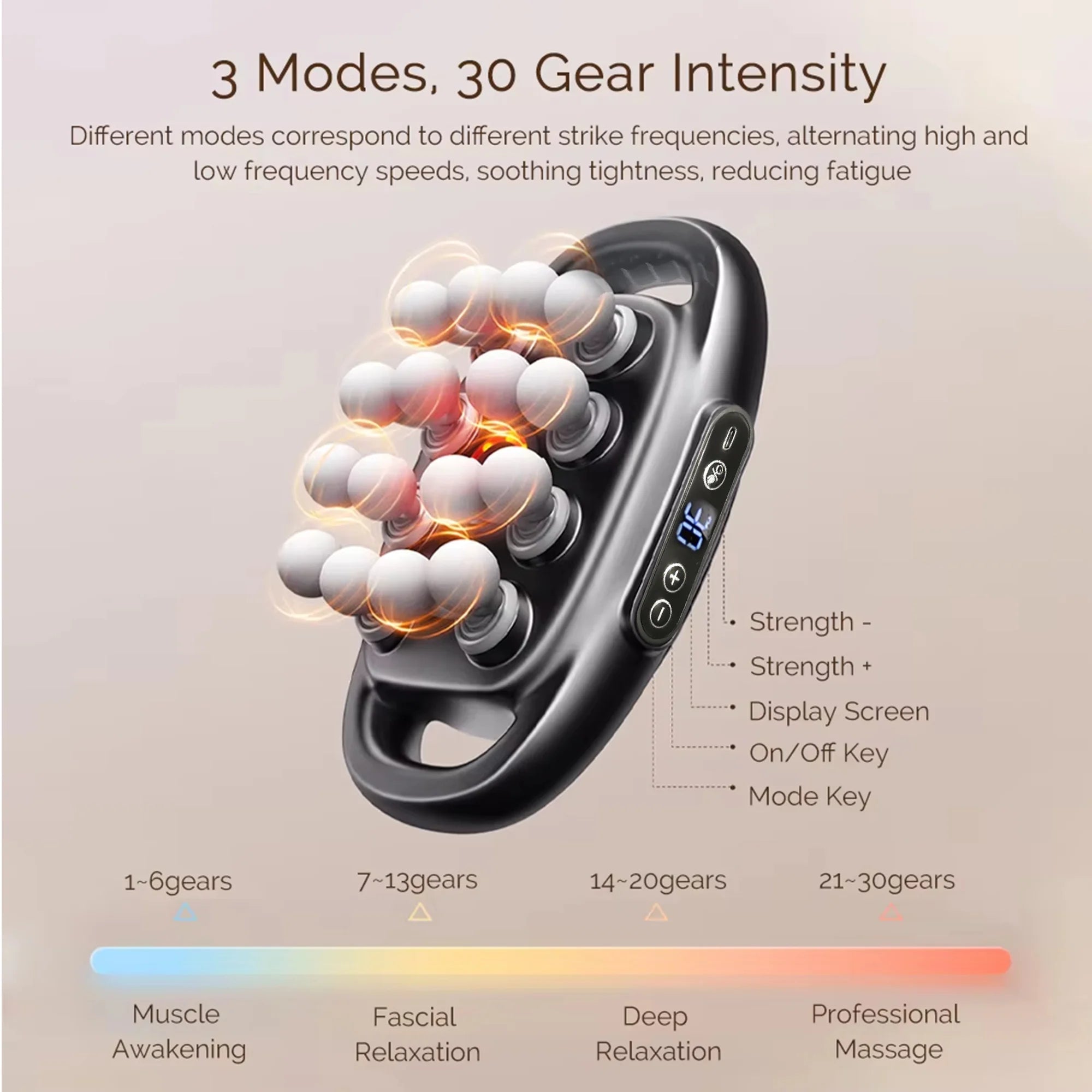 LAQTA massage gun set with multiple attachments, handheld device for muscle relief and relaxation, shown in the image.