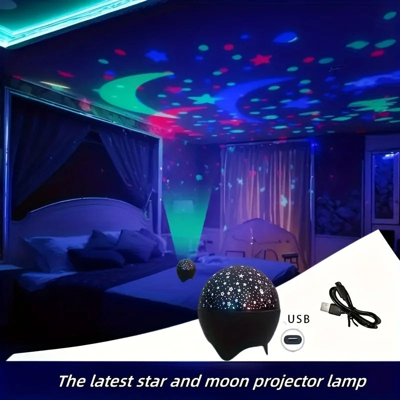 LAQTA Starry Sky Moon Projector LED Night Light displaying a luminous moon and starry sky projection in a dark room.