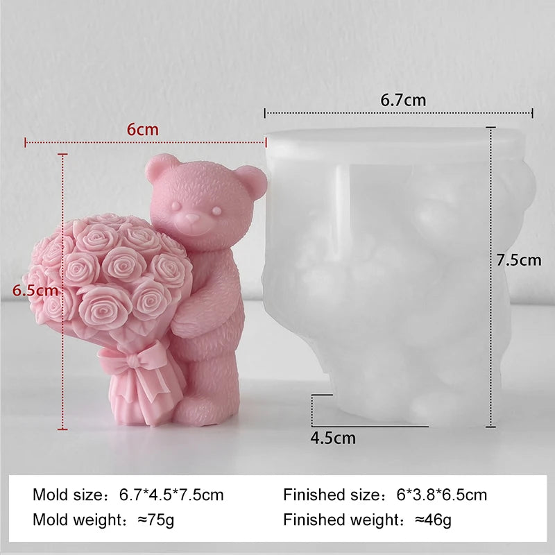 Silicone candle mold in the shape of a love rose bear, designed for making decorative candles by LAQTA.