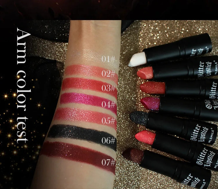 Bright pink waterproof glitter lipstick by LAQTA, showcasing a shimmering, bold lip color with a glossy finish.