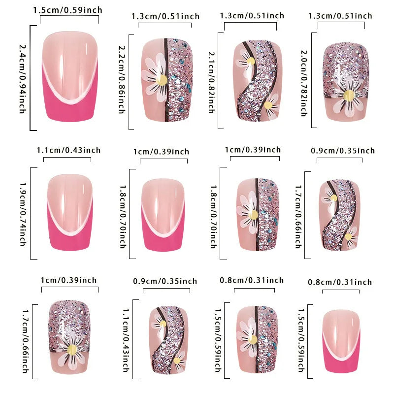Set of 24 short square-shaped fake nails from LAQTA, showcasing a variety of stylish nail designs and finishes.