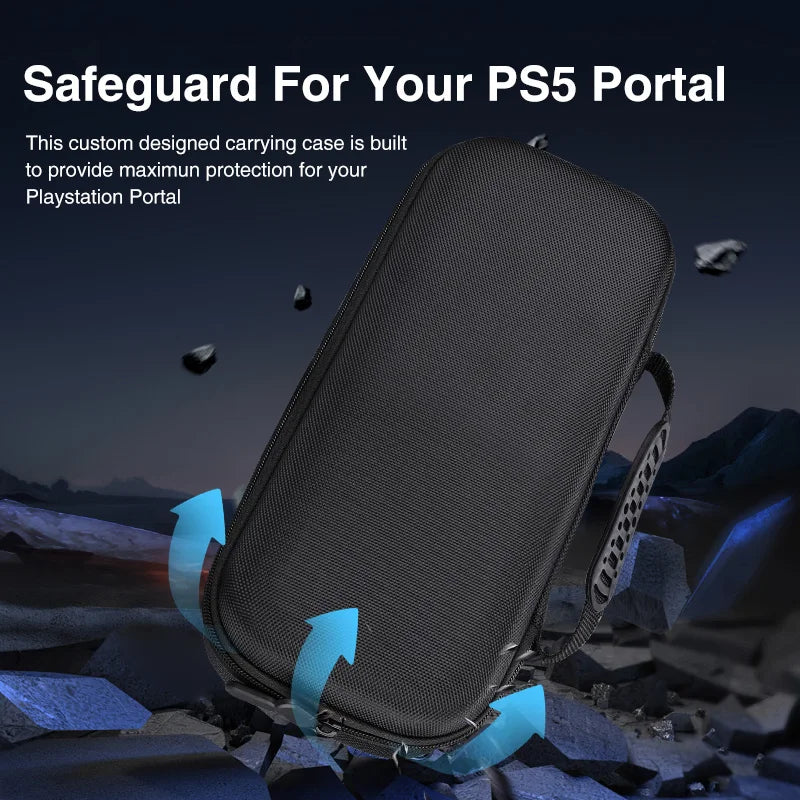 LAQTA EVA portable case bag for PS5, compact and protective gaming console storage with ergonomic design.