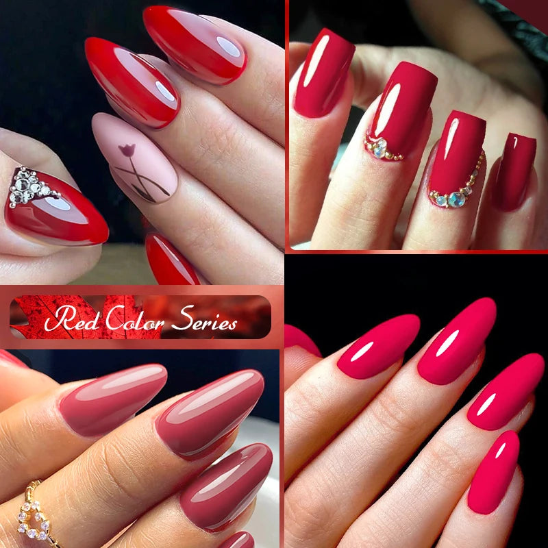 LAQTA red gel nail polish with crystal accents, showcasing a glossy, vibrant finish on neatly manicured nails.