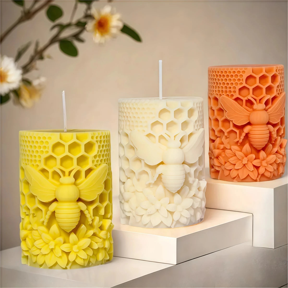 LAQTA 3D honeycomb pillar candle silicone mold showing detailed honeycomb pattern for homemade candles.