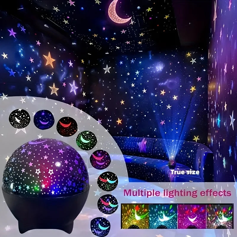 LAQTA Starry Sky Moon Projector LED night light displaying a glowing moon and starry sky on a dark background.