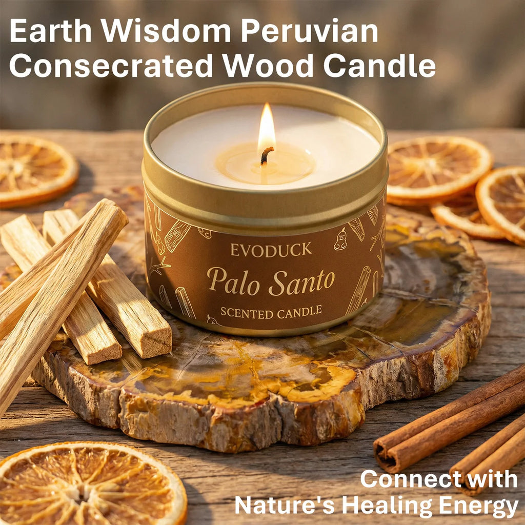 LAQTA Palo Santo scented candle with a white ceramic holder, emitting warm, calming light.
