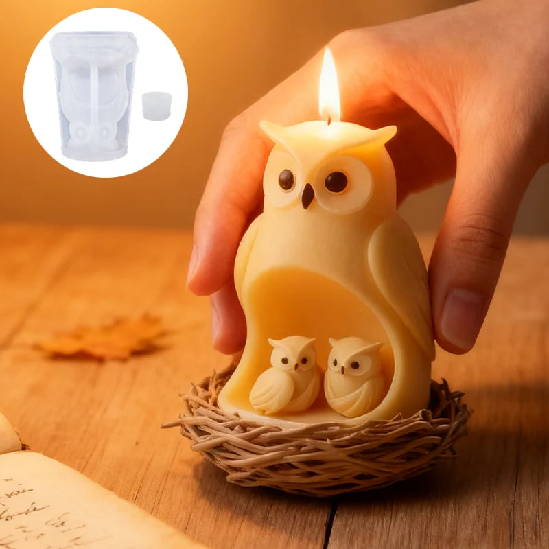 3D owl and baby candle mold by LAQTA, showing detailed silicone mold for making owl-shaped candles.