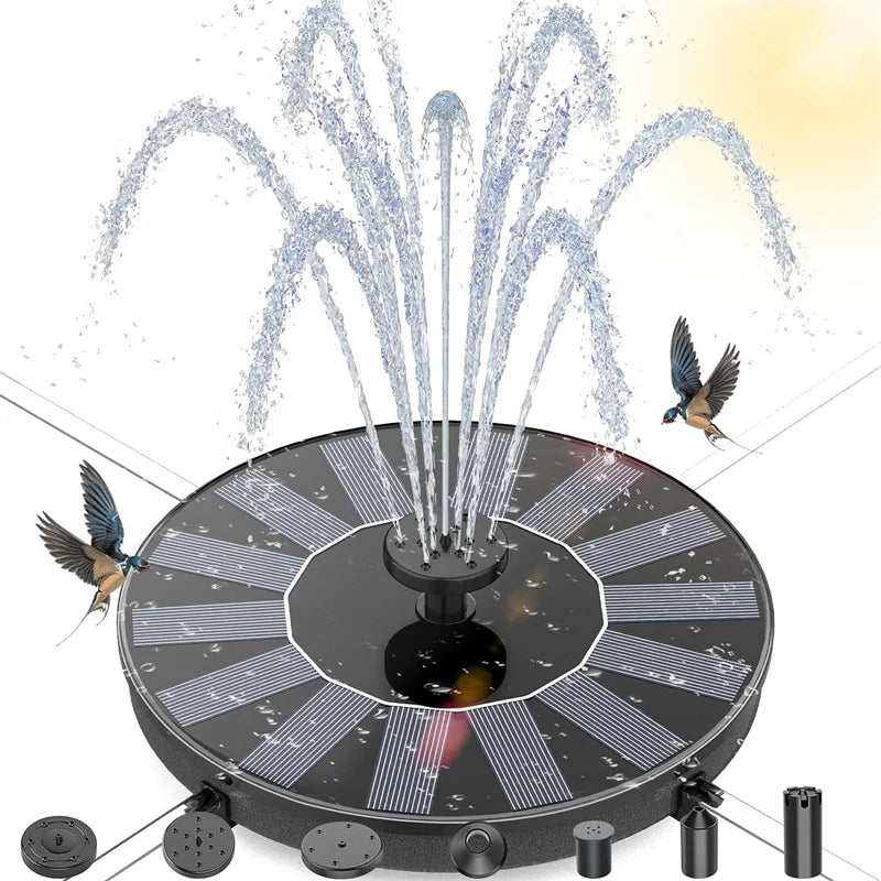 LAQTA solar water fountain for pools with adjustable spray, featuring a sleek design and solar panel for eco-friendly operation.