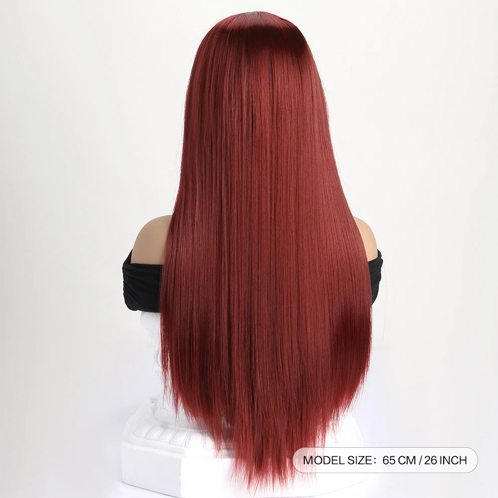 Long straight synthetic wig by LAQTA featuring sleek, shiny hair with a natural-looking hairline and even length.