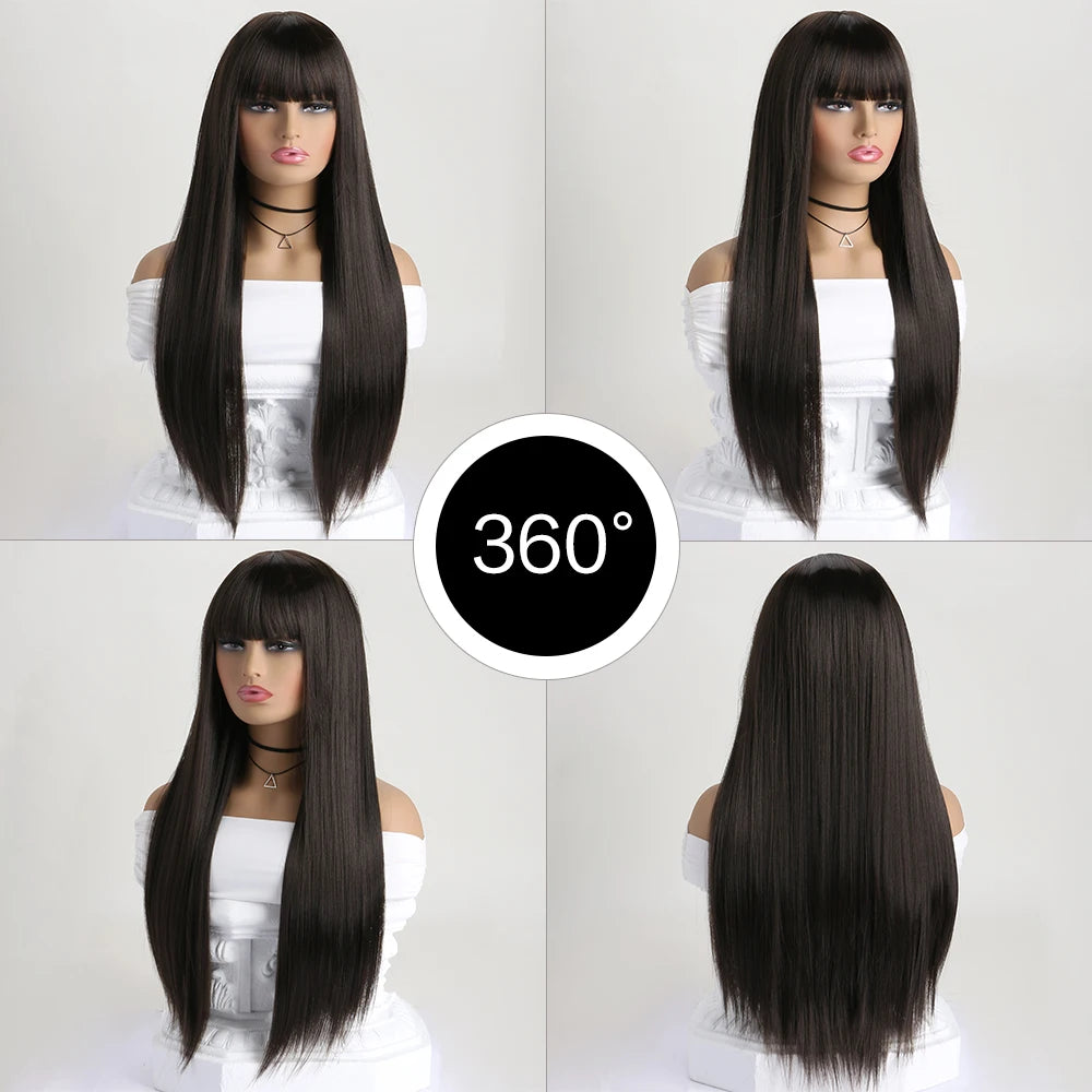 Long straight synthetic wig by LAQTA with smooth, sleek hair flowing down, showcasing natural texture and shine.