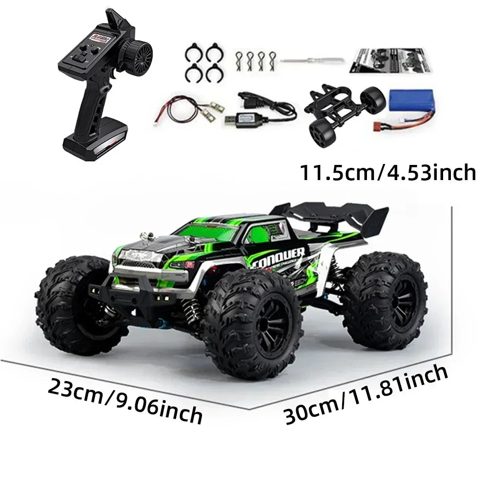 Large LAQTA RC car with 4WD and high-speed capability, showcasing its sleek design and off-road tires for racing.