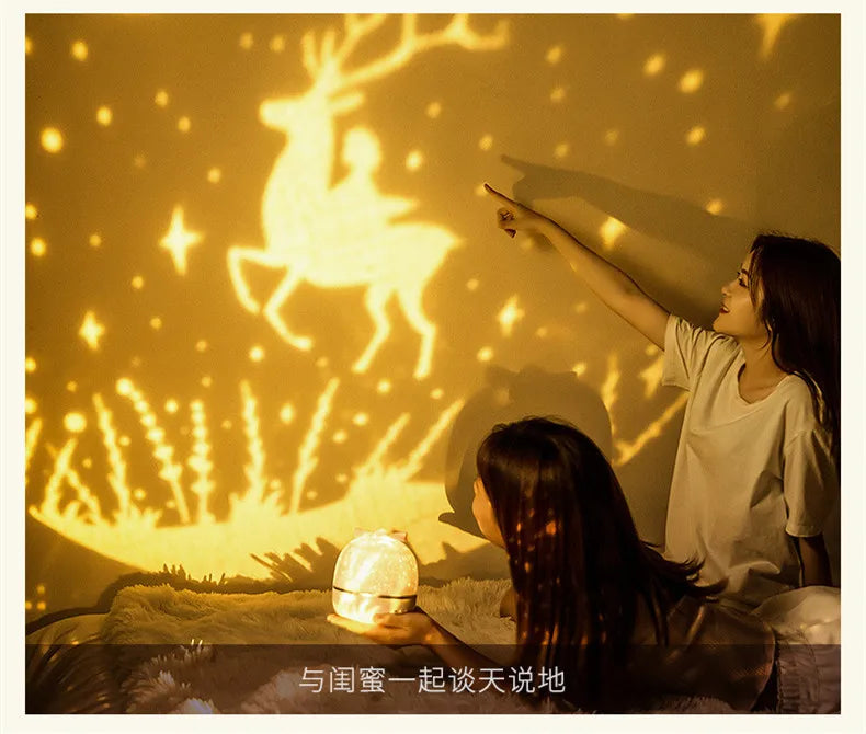 LAQTA Starry Projector Night Light displaying a starry sky projection on a wall in a cozy bedroom setting.