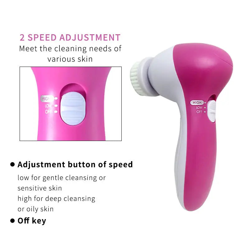 LAQTA Electric Facial Cleaner 5 in 1 with multiple brushes, compact design, and ergonomic handle for deep cleansing and skin care.