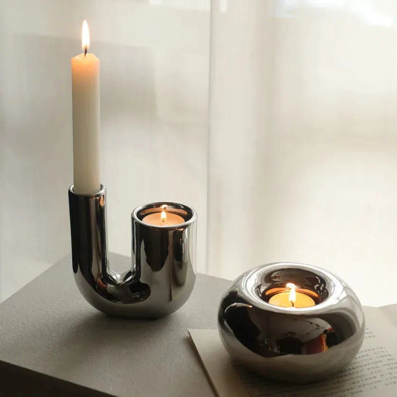 Luxury electroplating silver geometric ceramic candlestick by LAQTA, featuring a modern design with sleek, reflective silver surface.