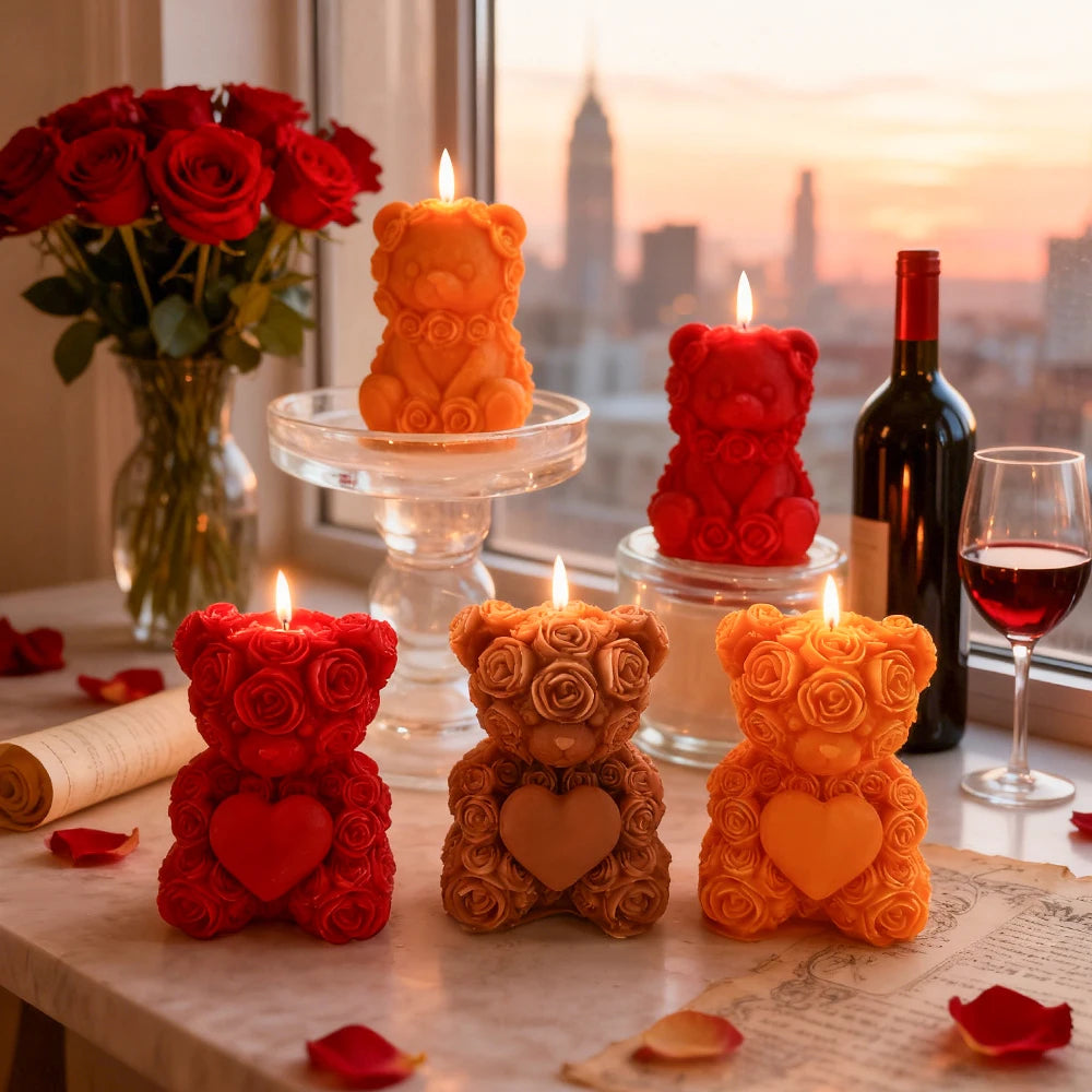 LAQTA Love Rose Bear silicone candle mold, detailed heart-shaped design for creating decorative candles.