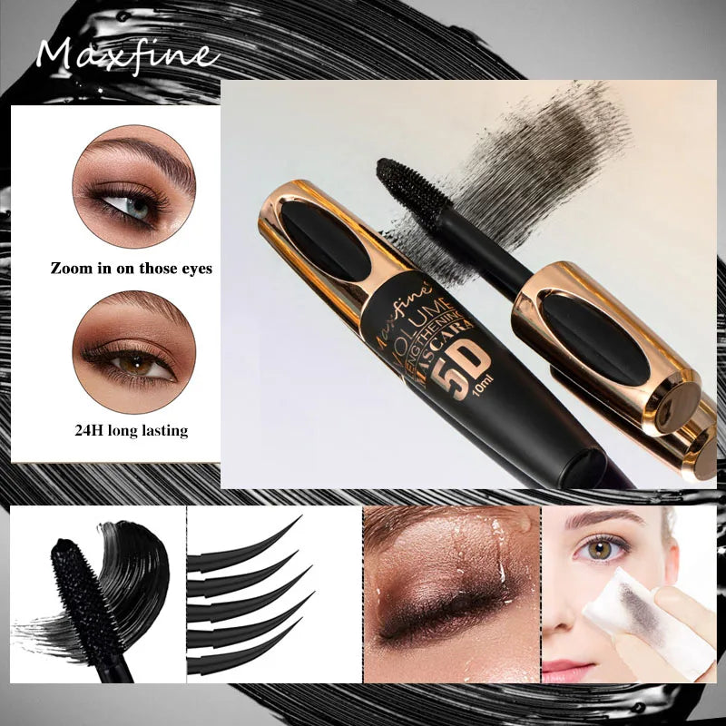 LAQTA 5D Silk Mascara with Big Eyes, showcasing a sleek tube and the mascara wand with volumizing brush applicator.